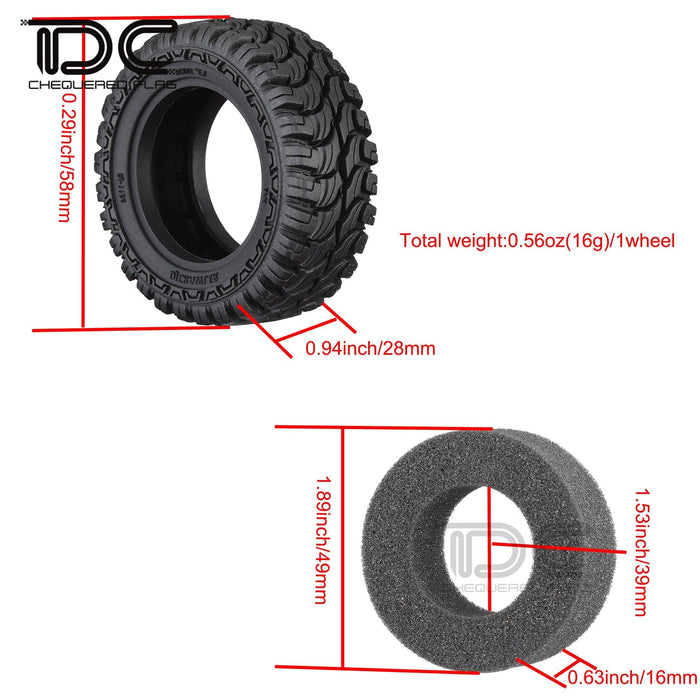 4PCS 1.3" 58x28mm 1/24 Crawler Tires w/ Foam (Rubber) - upgraderc