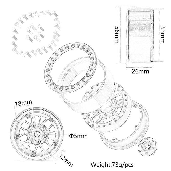 4PCS 1/10 Crawler 1.9" 56x26mm Beadlock Rims (Aluminium) Band en/of Velg New Enron 