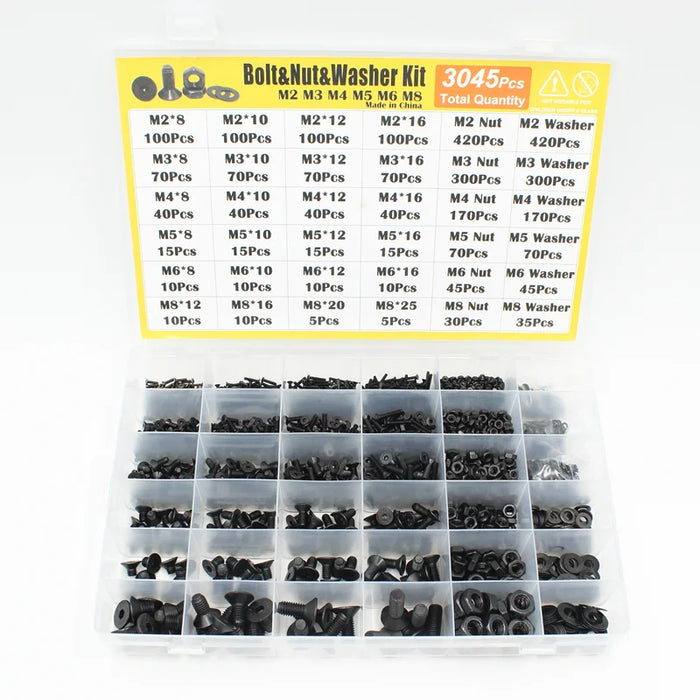 3045PCS M2-M8 Hex Flathead Screw, Nuts & Washers Set